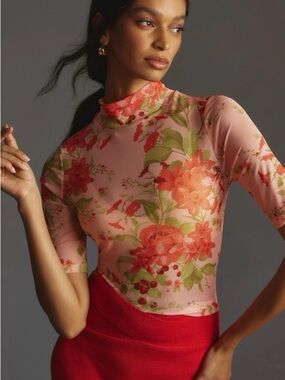 Anthropologie Floral Mock-Neck Short Sleeve Top XS